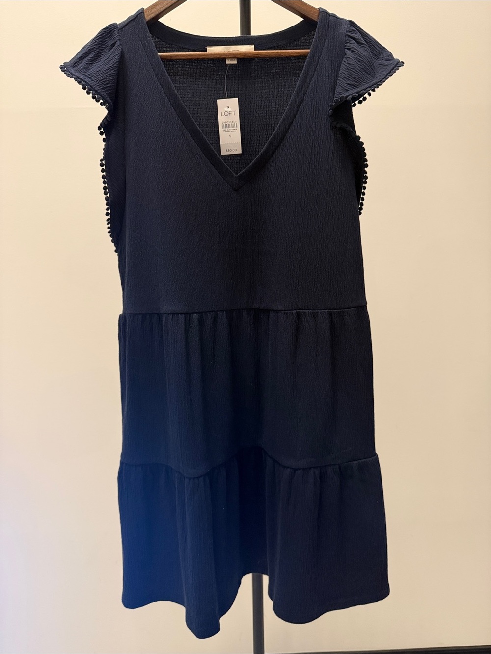 LOFT Navy Blue Pom-Pom Flutter Sleeve Tiered Dress | Size S